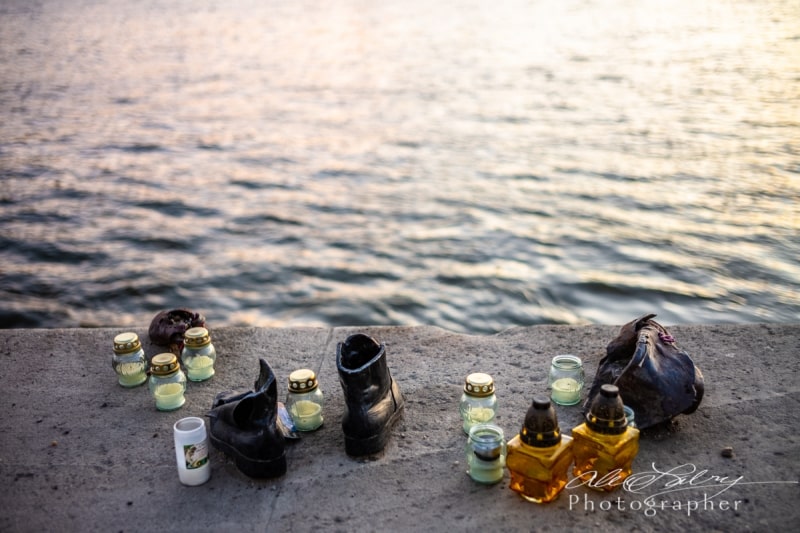 Shoes on the Danube River Bank – Holocaust Memorial Sculpture. Because there was a shoe shortage at the time, Jews were made to remove their shoes before being shot in the head and dumped into the river. Budapest, Hungary, 2018